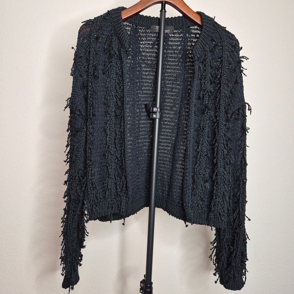 Black Fringe Open Front Knit Cardigan Sweater L Boho Chunky Grunge Indie Sleaze